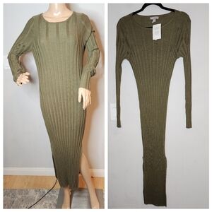 NWT Asos Green Ribbed Sweater Bodycon Maxi Dress Slits Long Sleeve Size 8